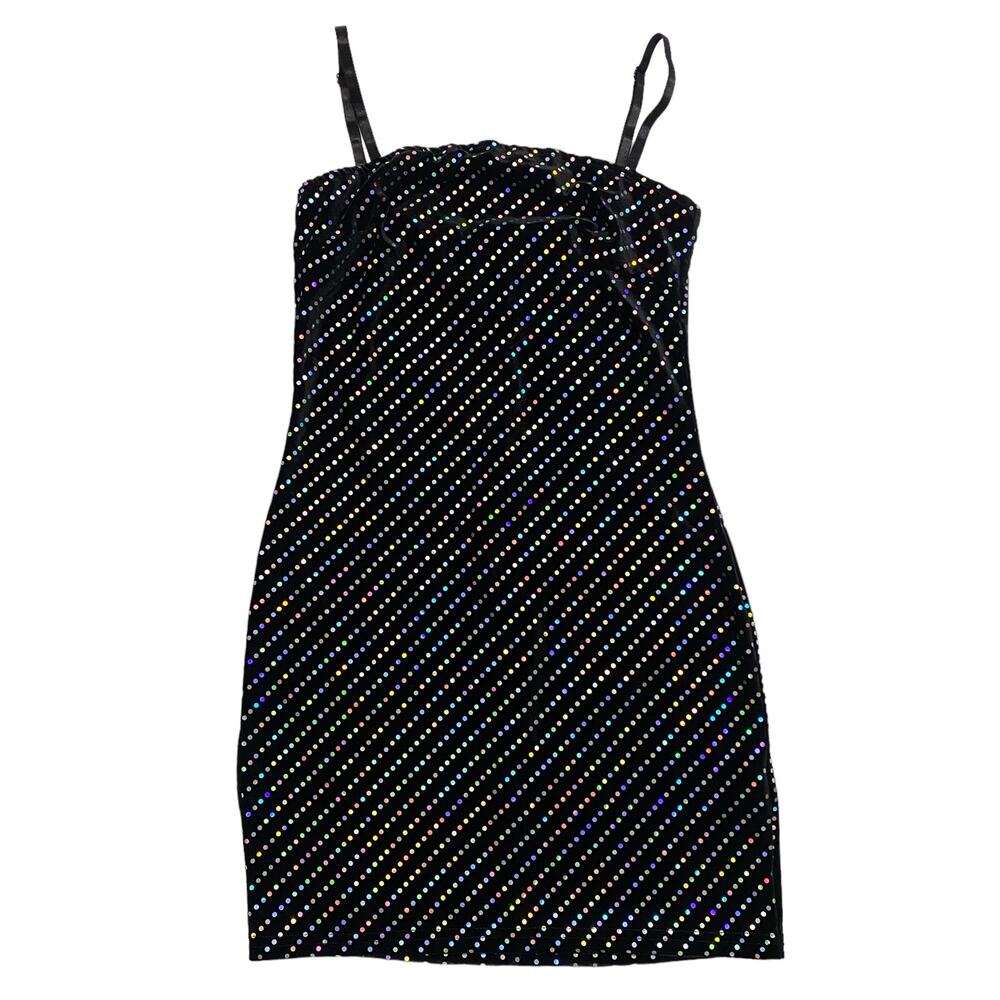 Spotted Metallic Spaghetti Strap Mini Dress Black Medium